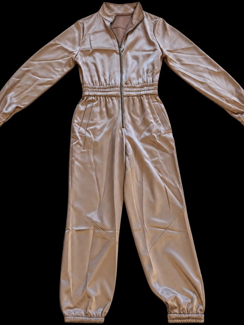 Alice + Olivia Levi Satin Front Zip Jogger Jumpsuit Almond Size 0